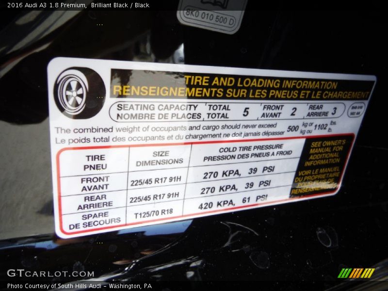 Brilliant Black / Black 2016 Audi A3 1.8 Premium