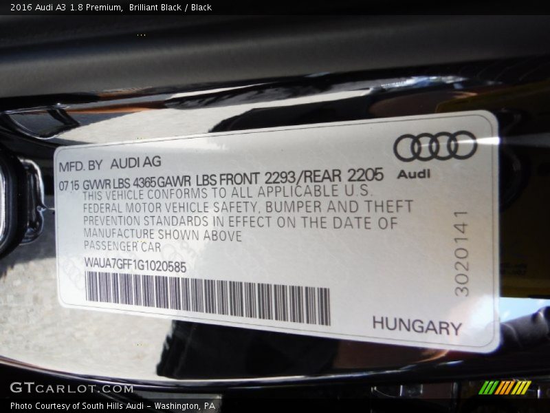 Brilliant Black / Black 2016 Audi A3 1.8 Premium