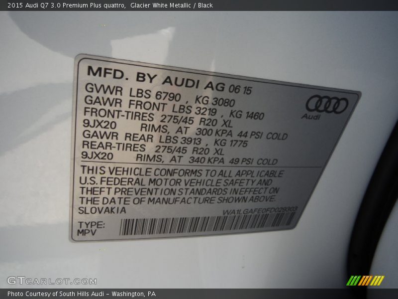 Glacier White Metallic / Black 2015 Audi Q7 3.0 Premium Plus quattro
