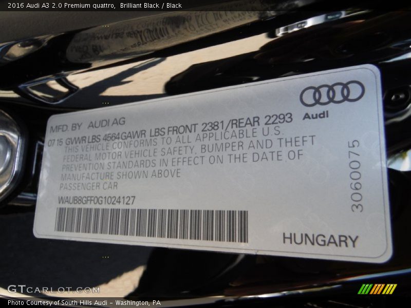 Brilliant Black / Black 2016 Audi A3 2.0 Premium quattro