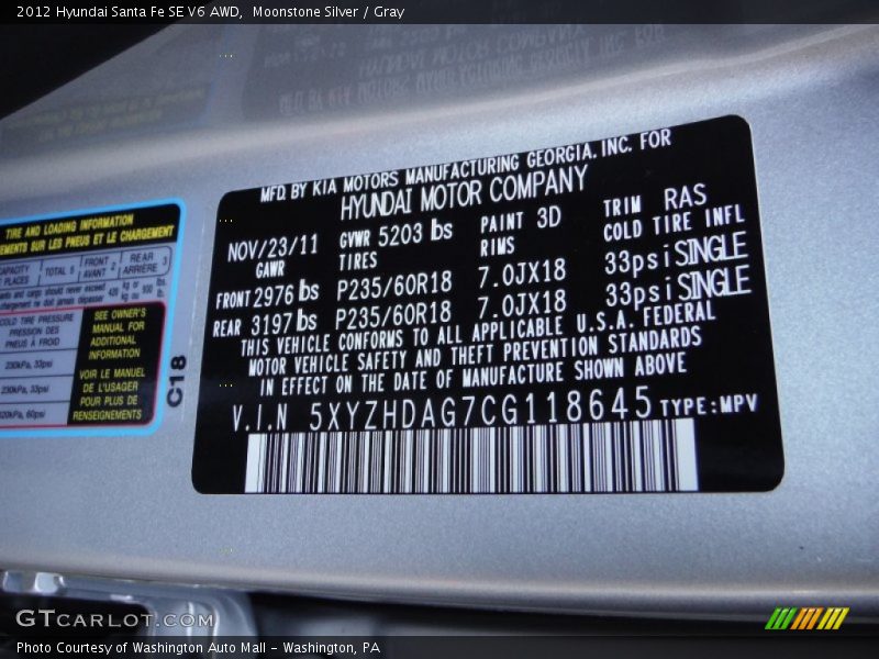 Moonstone Silver / Gray 2012 Hyundai Santa Fe SE V6 AWD