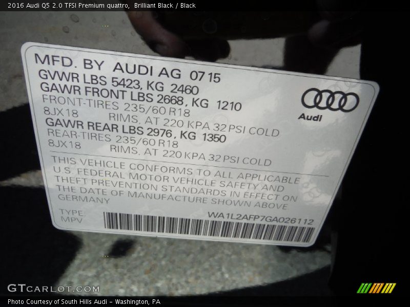 Brilliant Black / Black 2016 Audi Q5 2.0 TFSI Premium quattro