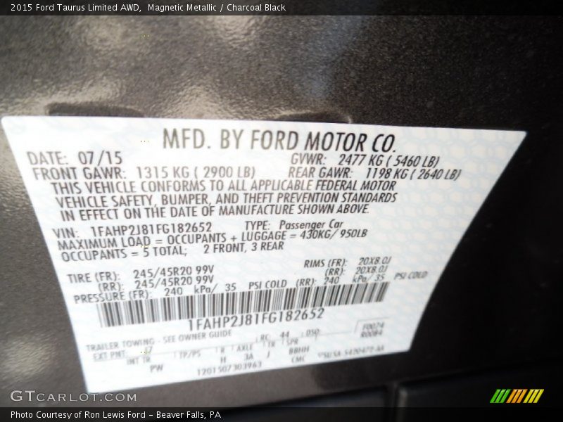 Magnetic Metallic / Charcoal Black 2015 Ford Taurus Limited AWD