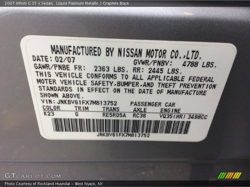 Liquid Platinum Metallic / Graphite Black 2007 Infiniti G 35 x Sedan