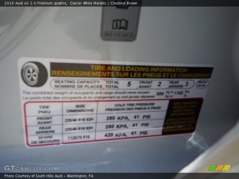 Glacier White Metallic / Chestnut Brown 2016 Audi A3 2.0 Premium quattro