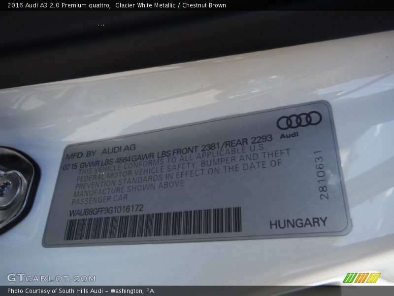 Glacier White Metallic / Chestnut Brown 2016 Audi A3 2.0 Premium quattro