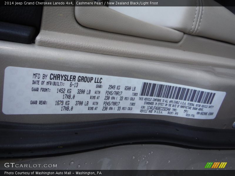 Cashmere Pearl / New Zealand Black/Light Frost 2014 Jeep Grand Cherokee Laredo 4x4