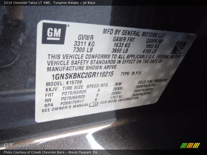 Tungsten Metallic / Jet Black 2016 Chevrolet Tahoe LT 4WD