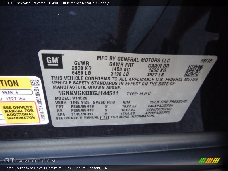 Blue Velvet Metallic / Ebony 2016 Chevrolet Traverse LT AWD