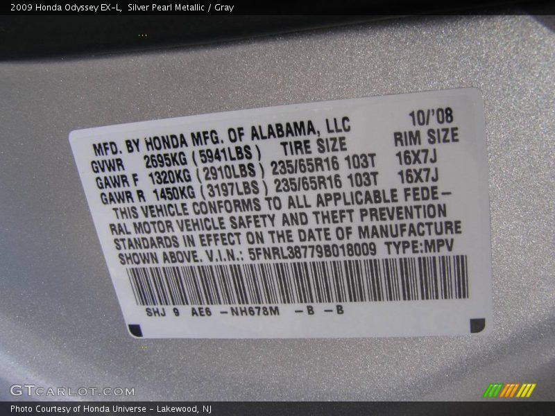 Silver Pearl Metallic / Gray 2009 Honda Odyssey EX-L