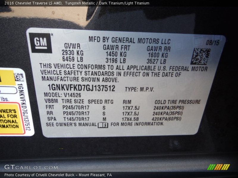 Tungsten Metallic / Dark Titanium/Light Titanium 2016 Chevrolet Traverse LS AWD