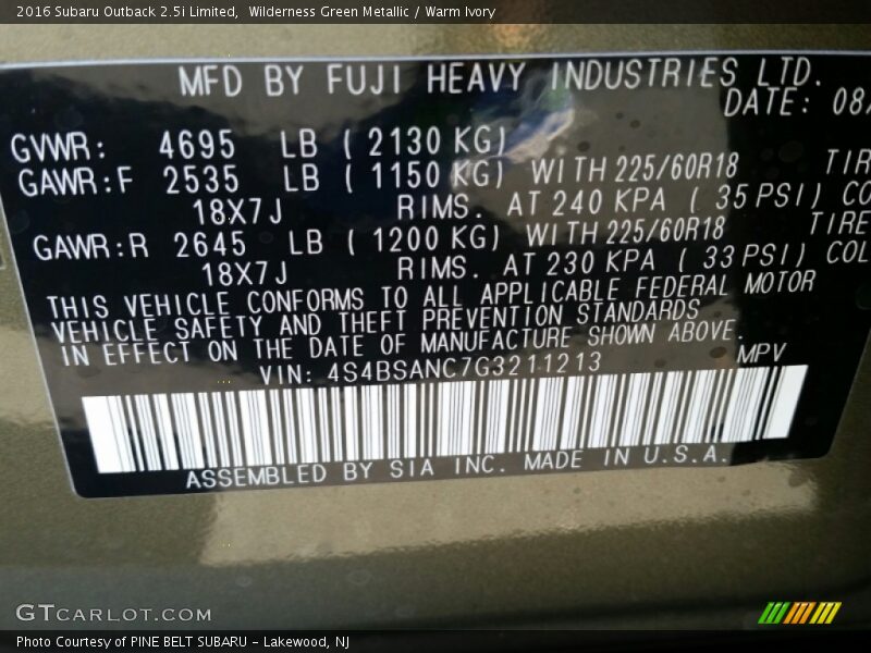 Wilderness Green Metallic / Warm Ivory 2016 Subaru Outback 2.5i Limited