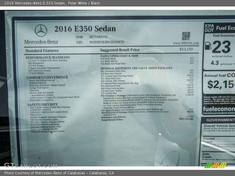  2016 E 350 Sedan Window Sticker