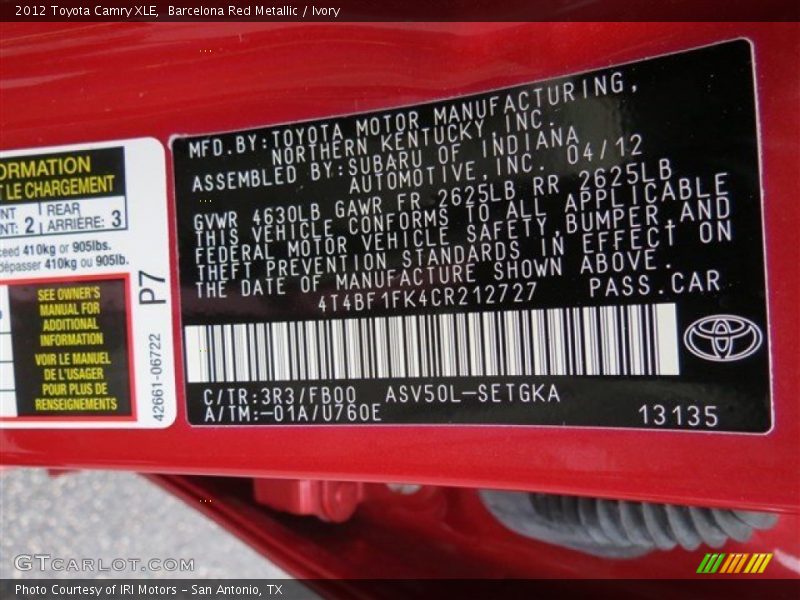 Barcelona Red Metallic / Ivory 2012 Toyota Camry XLE