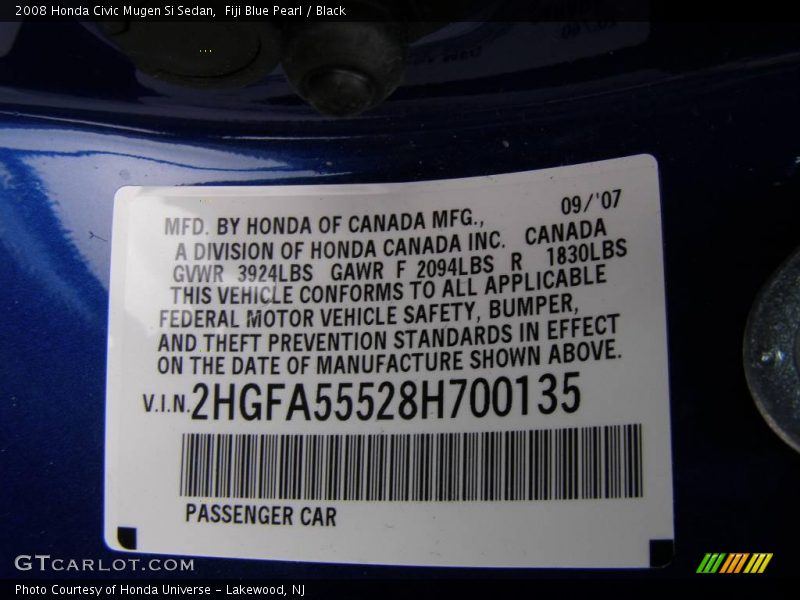 Info Tag of 2008 Civic Mugen Si Sedan