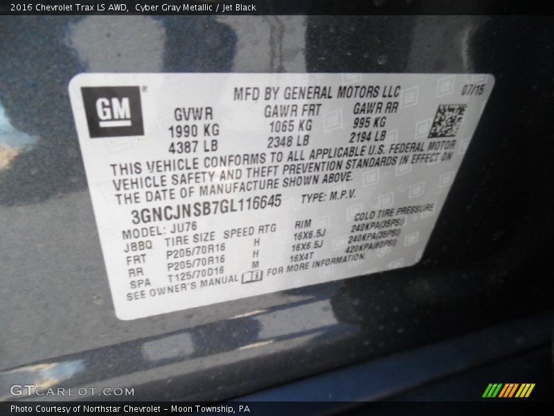 Cyber Gray Metallic / Jet Black 2016 Chevrolet Trax LS AWD