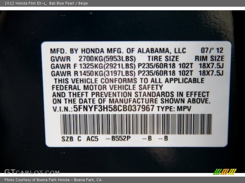 Bali Blue Pearl / Beige 2012 Honda Pilot EX-L