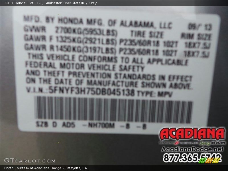 Alabaster Silver Metallic / Gray 2013 Honda Pilot EX-L