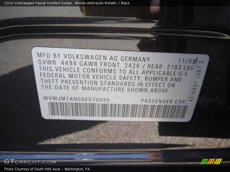 Mocha Anthracite Metallic / Black 2010 Volkswagen Passat Komfort Sedan