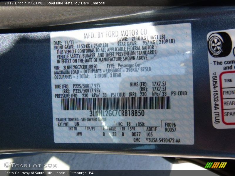 Steel Blue Metallic / Dark Charcoal 2012 Lincoln MKZ FWD