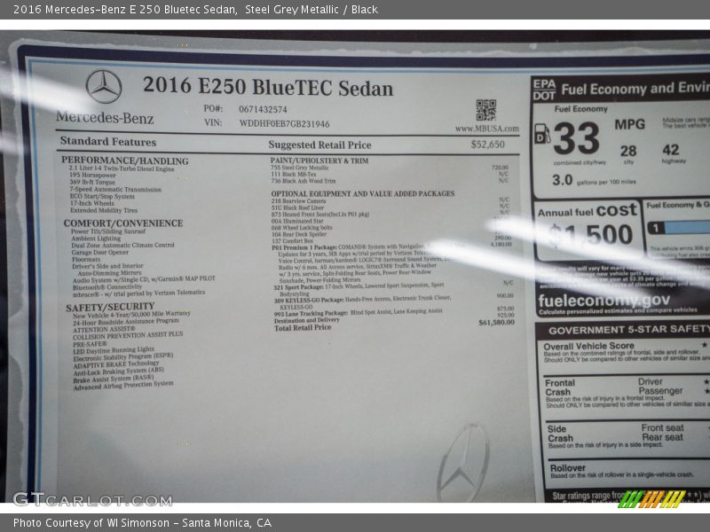  2016 E 250 Bluetec Sedan Window Sticker
