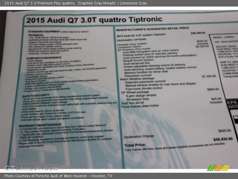 Graphite Gray Metallic / Limestone Gray 2015 Audi Q7 3.0 Premium Plus quattro