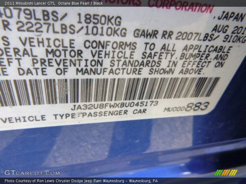 Octane Blue Pearl / Black 2011 Mitsubishi Lancer GTS