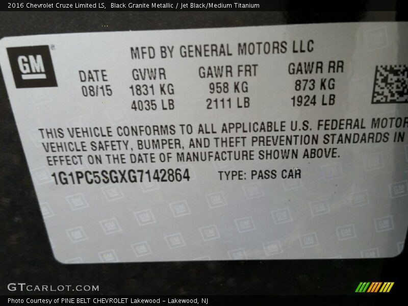 Black Granite Metallic / Jet Black/Medium Titanium 2016 Chevrolet Cruze Limited LS