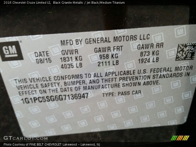 Black Granite Metallic / Jet Black/Medium Titanium 2016 Chevrolet Cruze Limited LS