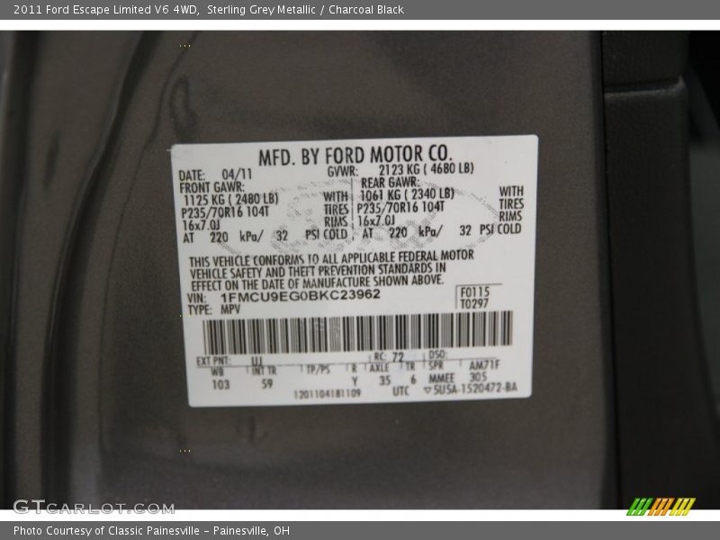 Sterling Grey Metallic / Charcoal Black 2011 Ford Escape Limited V6 4WD