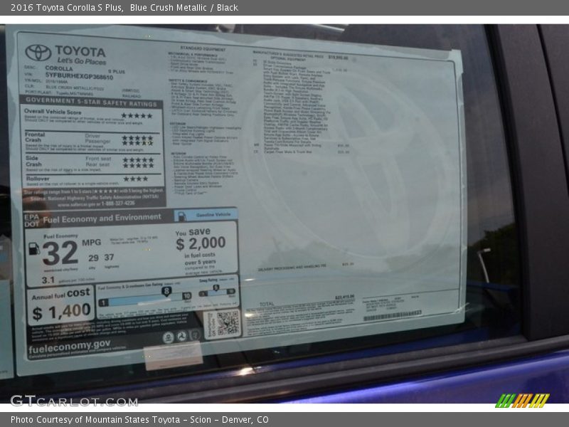 Blue Crush Metallic / Black 2016 Toyota Corolla S Plus
