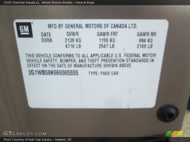 Amber Bronze Metallic / Neutral Beige 2006 Chevrolet Impala LS
