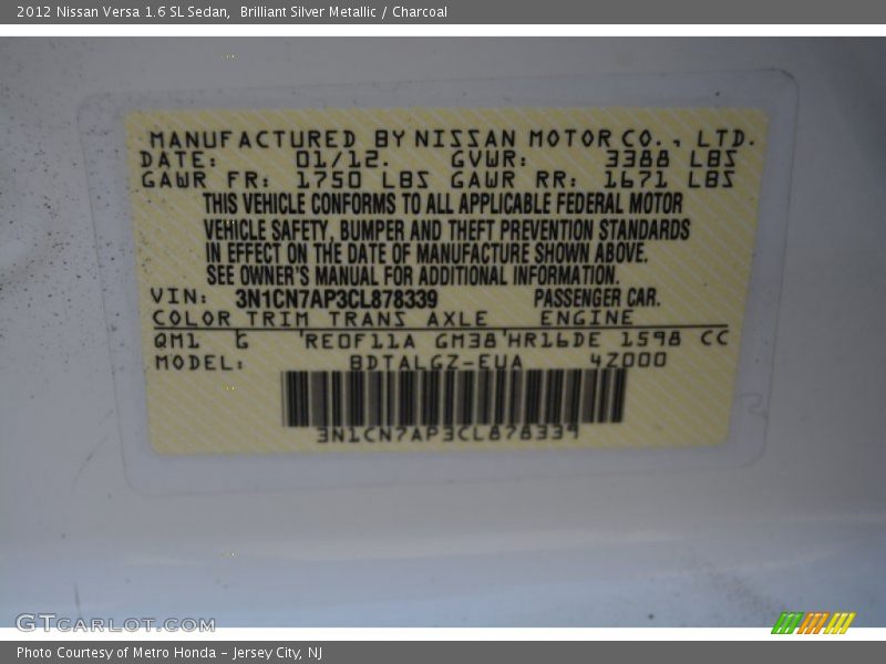 Brilliant Silver Metallic / Charcoal 2012 Nissan Versa 1.6 SL Sedan
