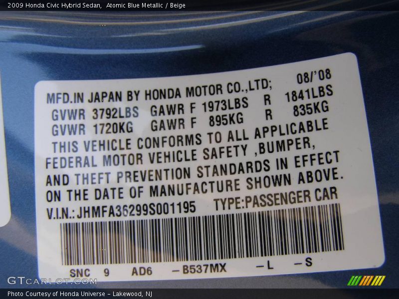 Atomic Blue Metallic / Beige 2009 Honda Civic Hybrid Sedan