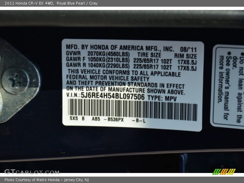 Royal Blue Pearl / Gray 2011 Honda CR-V EX 4WD
