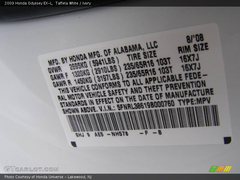 Taffeta White / Ivory 2009 Honda Odyssey EX-L