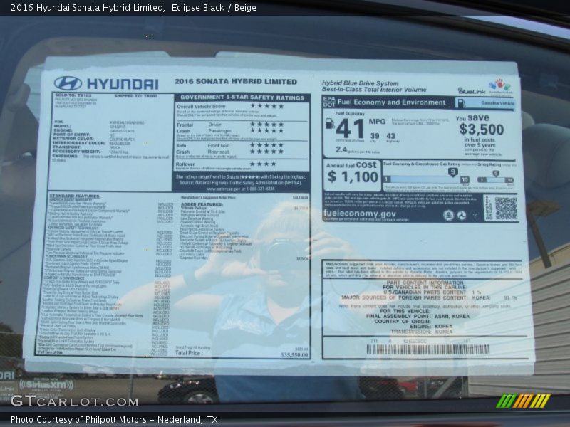  2016 Sonata Hybrid Limited Window Sticker
