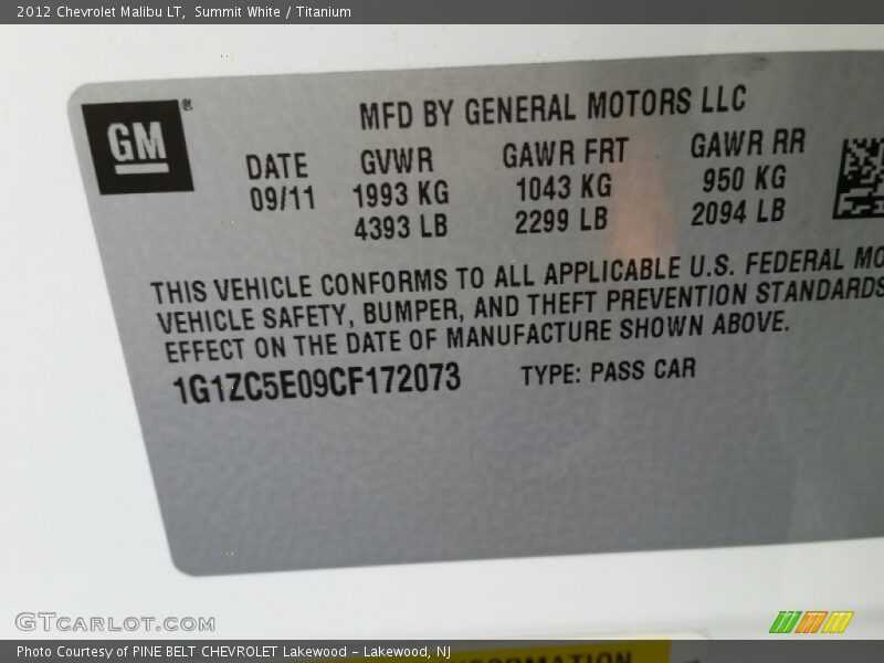 Summit White / Titanium 2012 Chevrolet Malibu LT