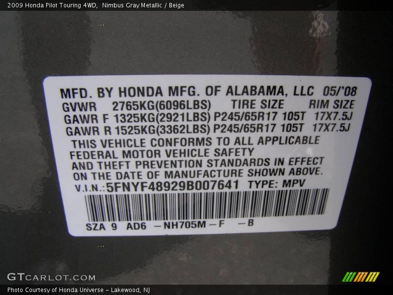 Nimbus Gray Metallic / Beige 2009 Honda Pilot Touring 4WD