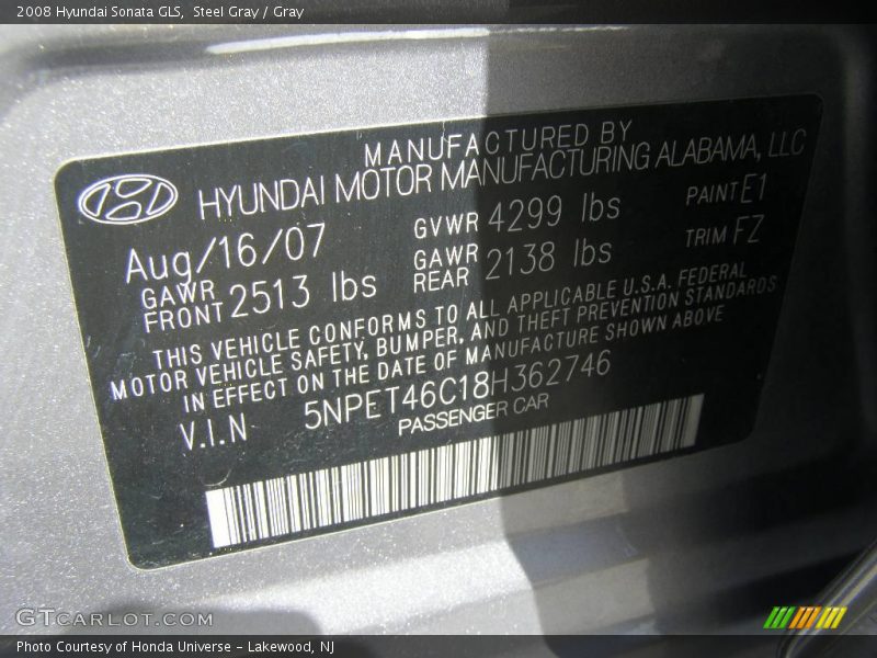 Steel Gray / Gray 2008 Hyundai Sonata GLS
