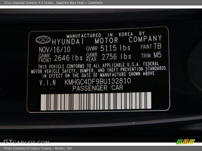 Sapphire Blue Pearl / Cashmere 2011 Hyundai Genesis 4.6 Sedan