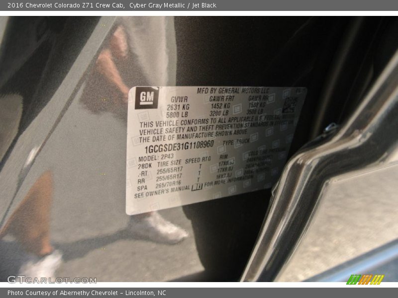 Cyber Gray Metallic / Jet Black 2016 Chevrolet Colorado Z71 Crew Cab