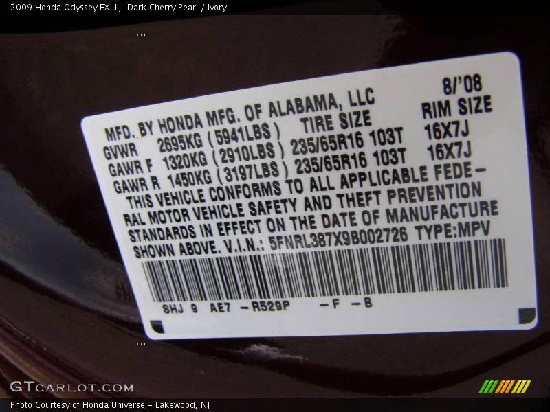 Dark Cherry Pearl / Ivory 2009 Honda Odyssey EX-L