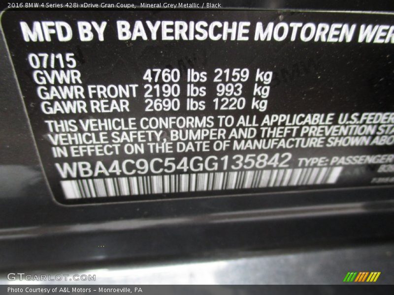 Mineral Grey Metallic / Black 2016 BMW 4 Series 428i xDrive Gran Coupe
