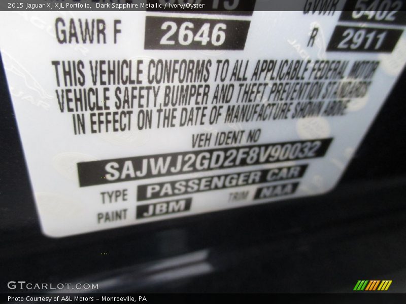 2015 XJ XJL Portfolio Dark Sapphire Metallic Color Code JBM