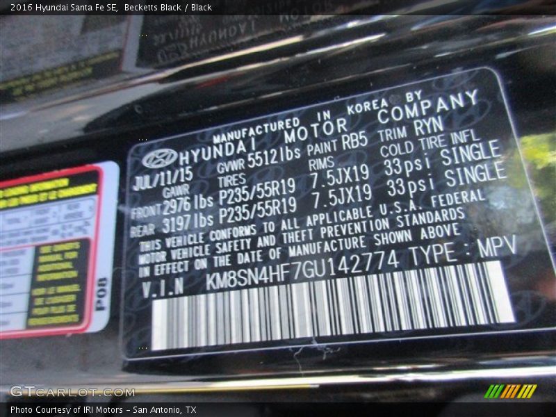 2016 Santa Fe SE Becketts Black Color Code RB5