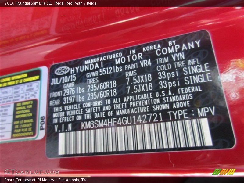 2016 Santa Fe SE Regal Red Pearl Color Code VR4