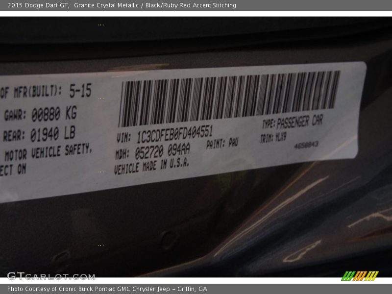 Granite Crystal Metallic / Black/Ruby Red Accent Stitching 2015 Dodge Dart GT