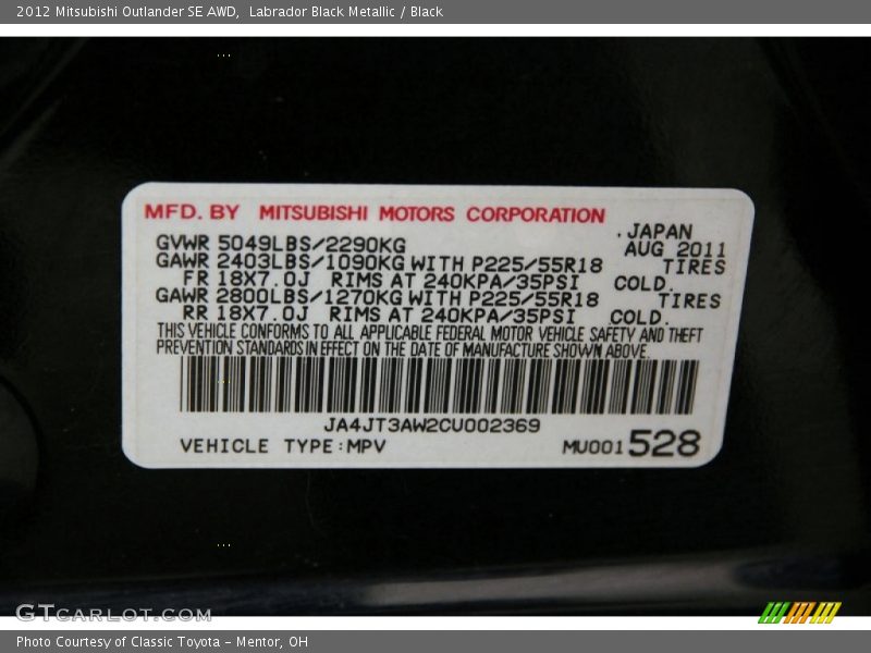Labrador Black Metallic / Black 2012 Mitsubishi Outlander SE AWD