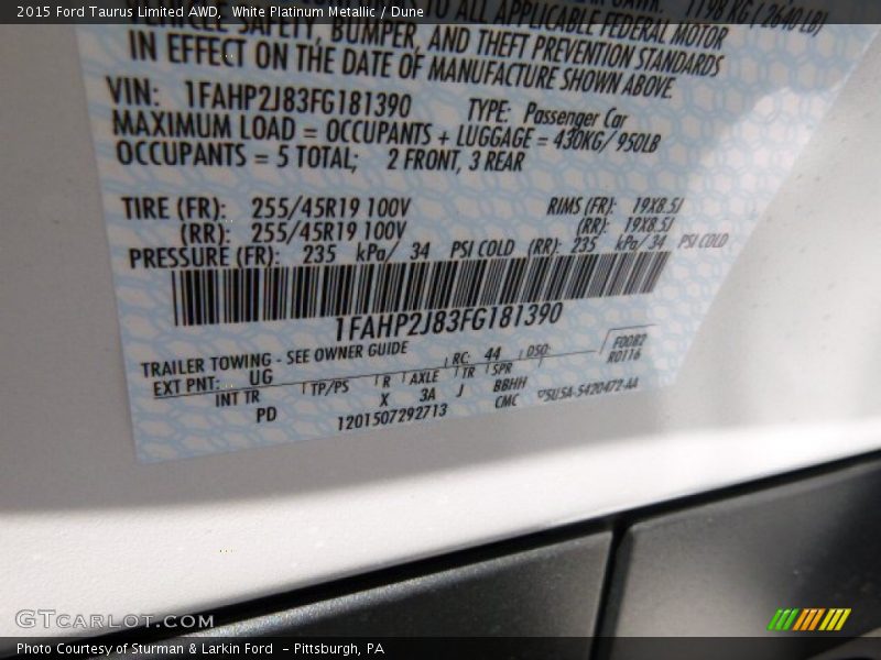 White Platinum Metallic / Dune 2015 Ford Taurus Limited AWD